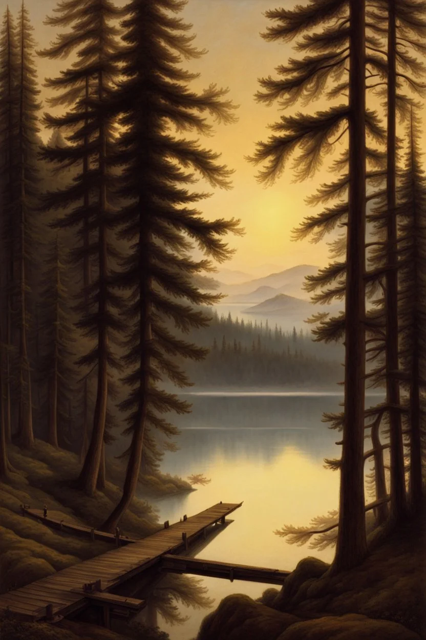 A stunning, high-resolution image of a masterpiece by Caspar David Friedrich, a renowned German Romantic landscape painter. The painting features a serene lake surrounded by towering trees, with a small wooden bridge stretching across the water. In the distance, a misty mountain range is visible. The overall atmosphere is one of tranquility and awe-inspiring beauty.