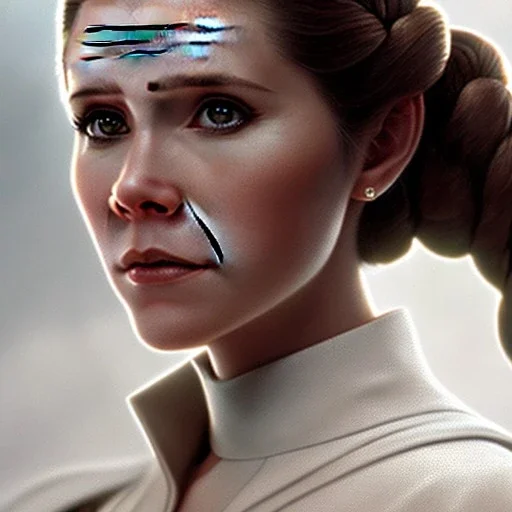 low angle beautiful half-body-portrait photo of princess leia from Star Wars played by Carrie Fisher, in the style of horizon zero dawn wlop, artgerm, akihiko yoshida, and liang xing, detailed face, doe eyes, intricate hair style, symmetrical eyes, trending on artstation, highly detailed, white dress, dynamic pose, intricate outfit, futuristic weapon, space ship and galaxy background