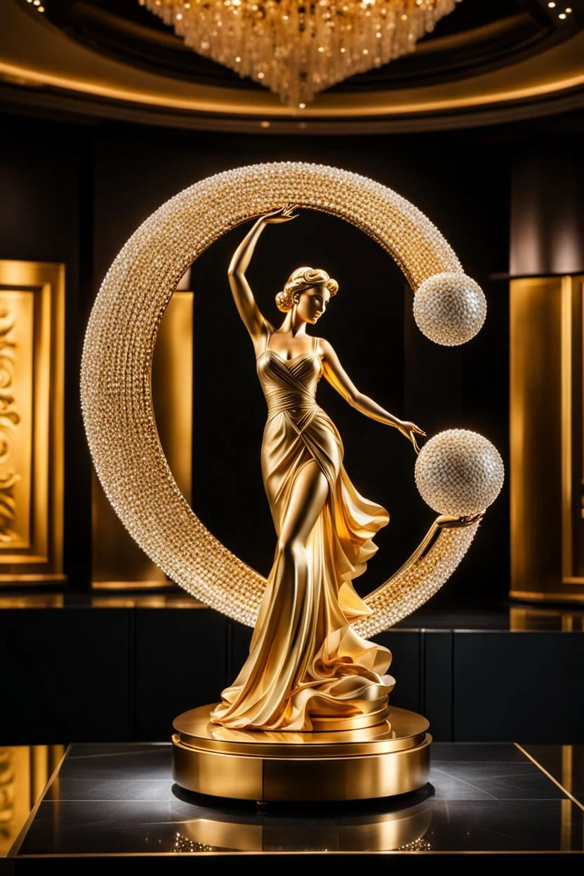 A magnificent cristal and gold heart-shaped sign adorned with a stunning berliant sphere encrusted with sparkling diamond clusters at its center, elegantly spinning in position,a golden statue of a girl in standing pose