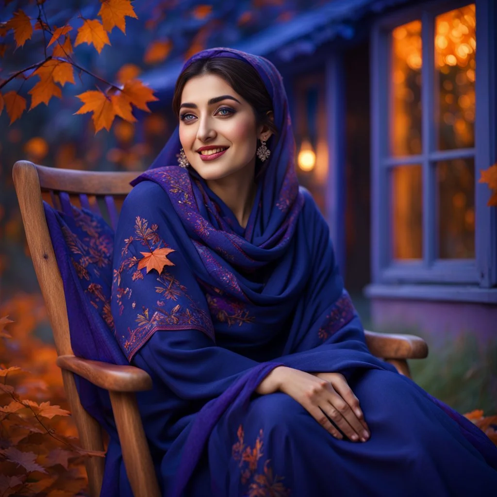 Hyper Realistic Photographic-Close-Face-View of Beautiful Young Happy Pashto Woman Wearing Navy-Blue-Dress-With Purple-Embroidery & Purple Shawl Happily Sitting Outside Her Blue on her rocking-chair Colored-House-with-Orange-windows at beautiful-night with leaves-falling from thick-trees with-moonlight-rays on her face showing dramatic & cinematic ambiance.