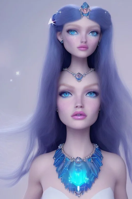 Princesse cosmique, belle, fine, jolie, yeux bleu, collier de cristal, long cheveux étoilés, front avec une perle de cristal, ciel étoilé,