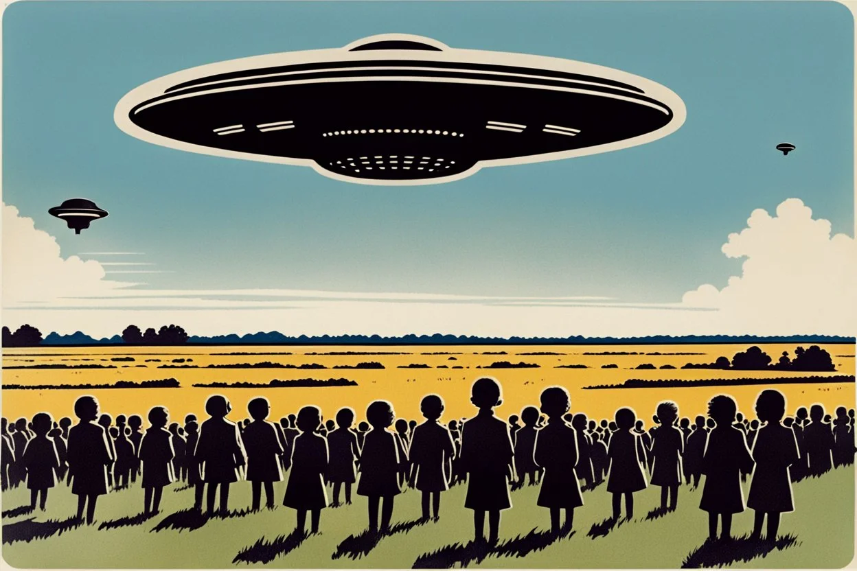 bumper sticker design, westall in bold heading text, ufo 1966, lots of school children looking up in a field, mysterious cool, bold