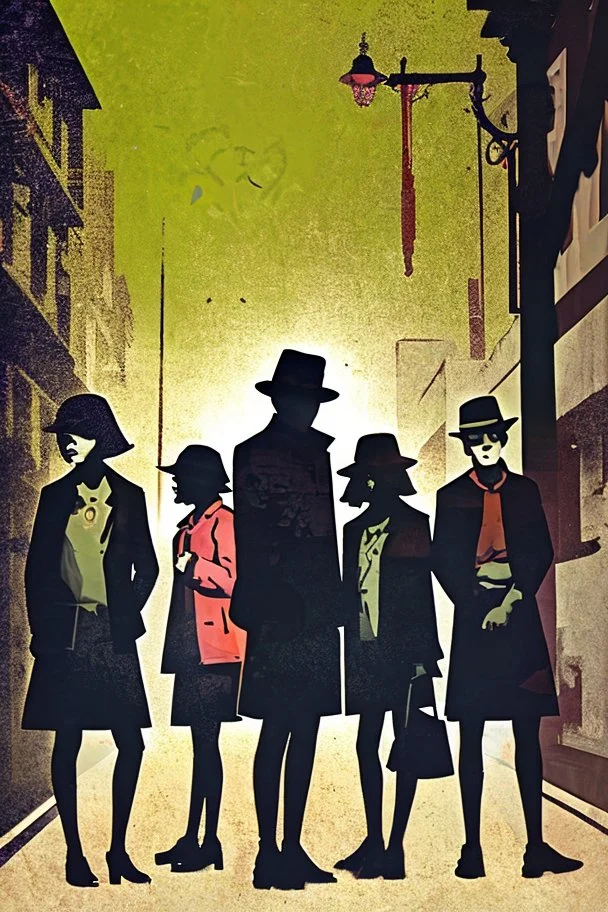 Design a detective book cover for teenagers. Three teenage detectives in the centre, one boy on her left, the girl in the centre and one on her right are on the town street. Black cat. Banksy style, pop art style, mysterious atmosphere,