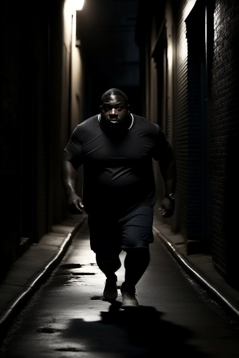 Big fat black man running in a dark alleyway far away