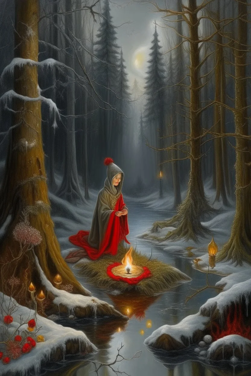 Hyperrealism against the background of a winter landscape in a forest with a bonfire +mirror portal with a whirlpool of water + a man in a red-gray robe with a hooded back + +rite+candles+dried flowers+wildflowers+moss++flower decoupage+embroidery technique+braided beads+vine+moonlit night,fabulous landscape,surrealism,realism,naturalism,dot technique,microdetalization,high detail objects,digital illustration,volumetric clarity,dark fantasy,dark botanical