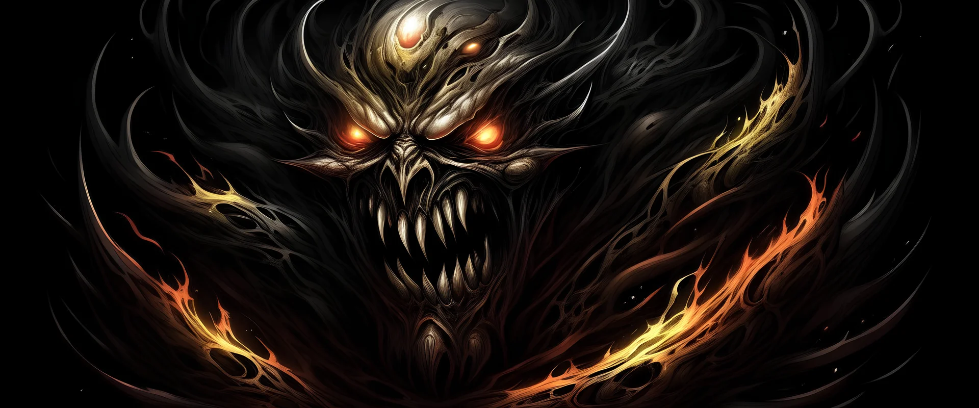 embodying the sinister depths of 'Greedy Chaos Madness.' Imagine a demonic visage emerging from swirling tendrils of darkness, its eyes ablaze with insatiable hunger. Incorporate twisted, jagged elements to convey the chaotic nature of its desires, while maintaining an aura of malevolent power. Let the essence of darkness and evil flow through every stroke, creating a symbol that strikes fear and awe in equal measure."