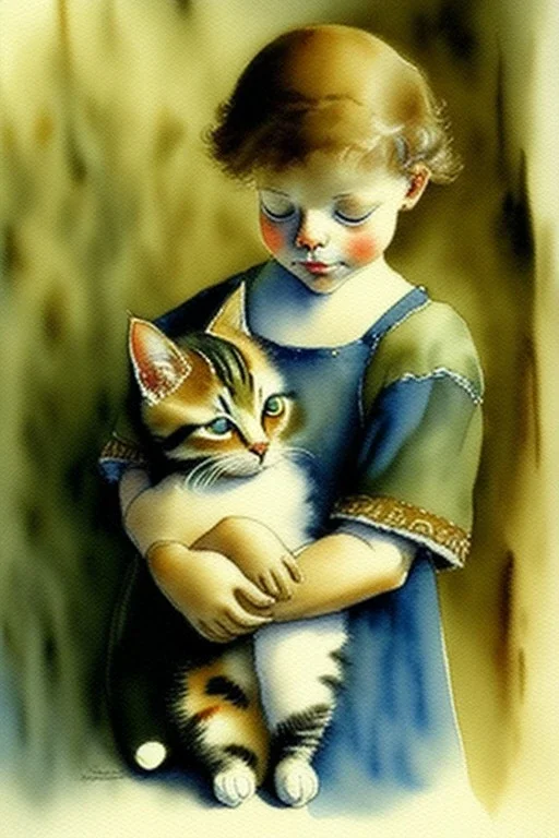 A cute cat is holding a kitten. Watercolour