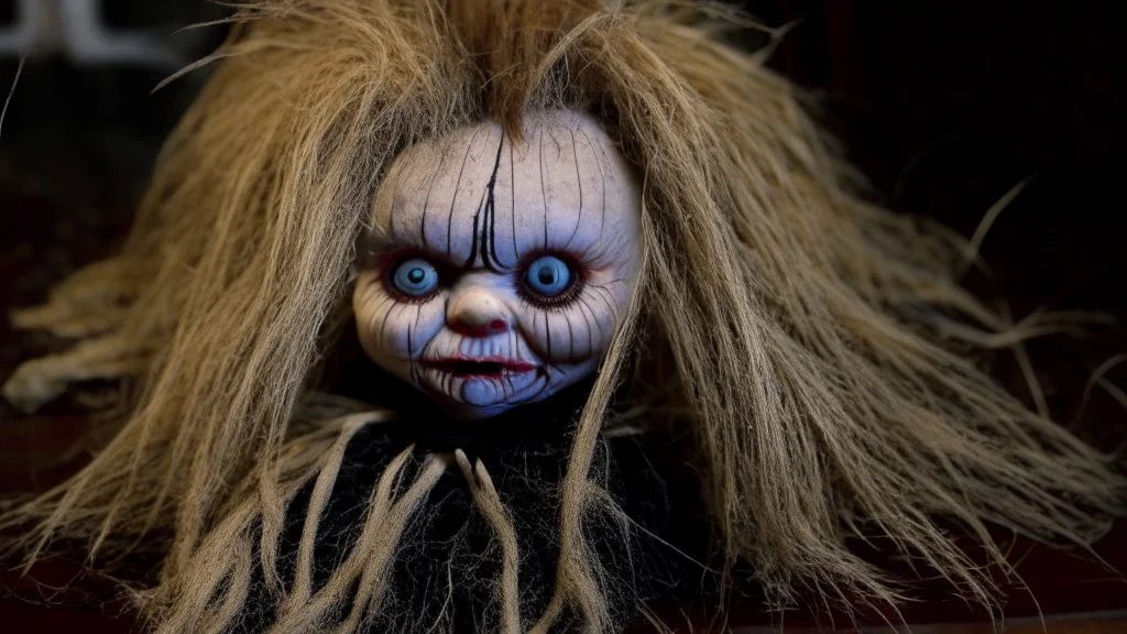 creepy evil ritual doll made of hair from the floor of a barbershop