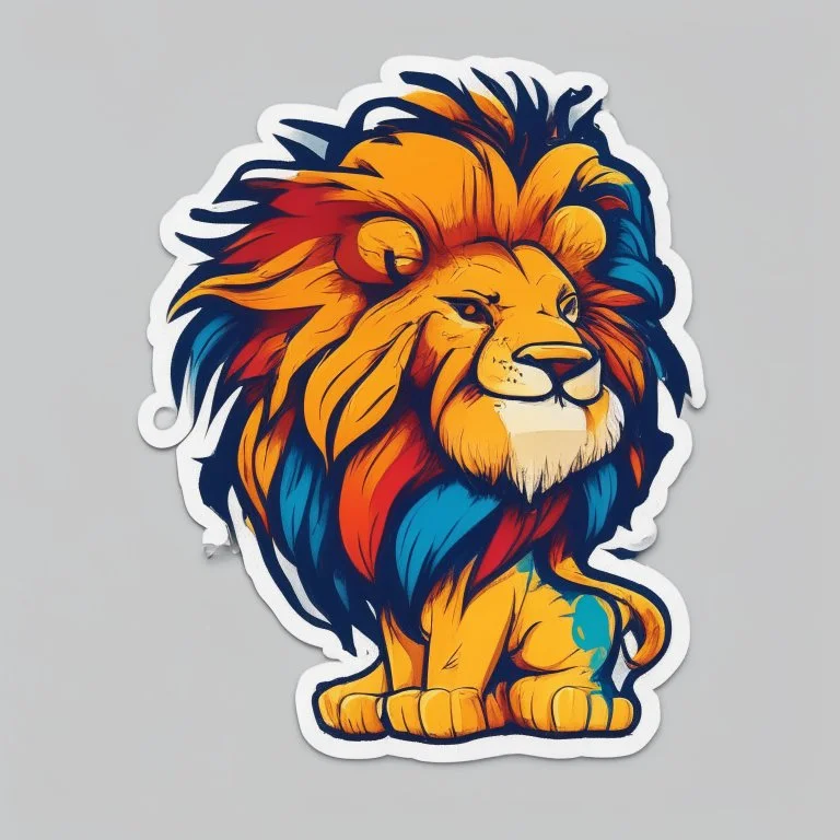 A sticker design in a minimalistic style featuring a caricature anthropomorphic lion in vivid colors. The subject is presented alone on a neutral background.