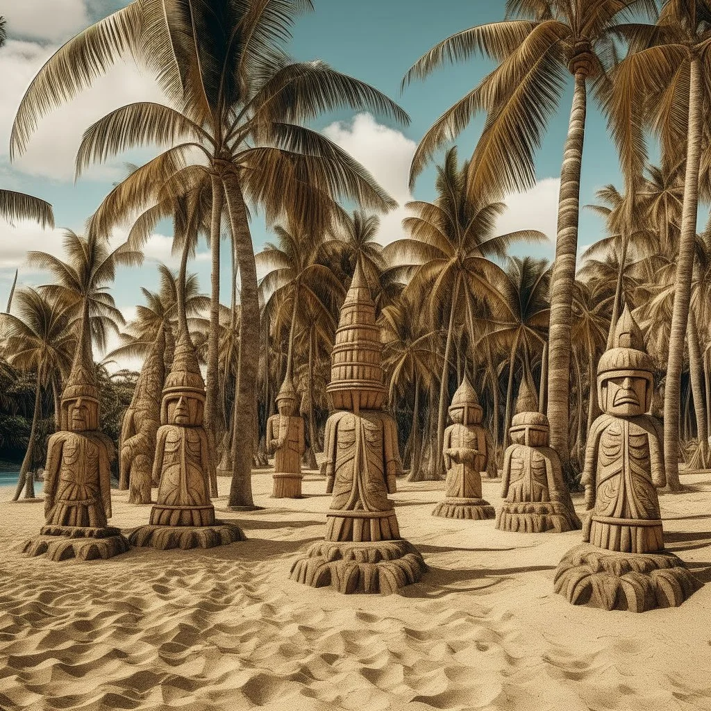 A tan beach with palm trees designed in Hawaiian tiki statues painted by Albrecht Durer