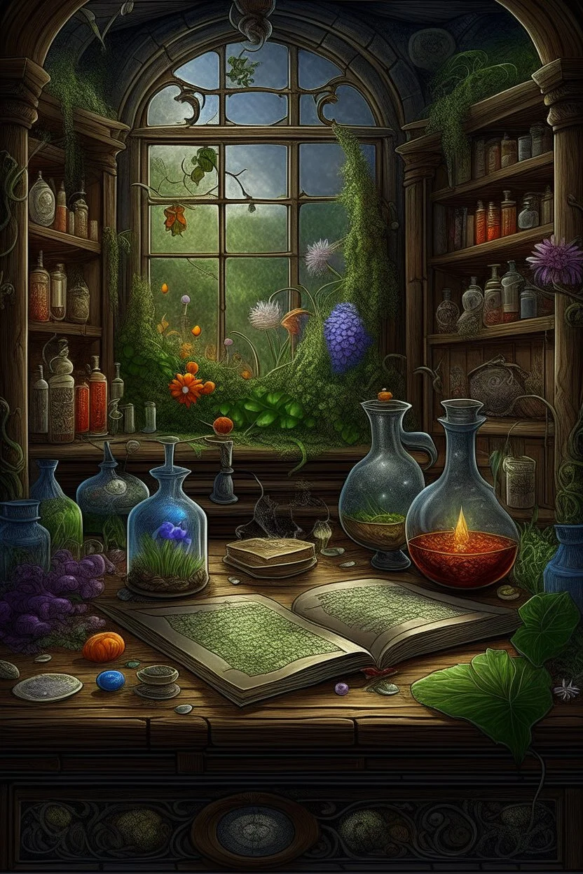 An illustration to an ancient reference book of the dwelling of fairy-tale characters, graphics, text with symbols, an alchemist's laboratory. realistic, scientific, detailed, patterns, cobwebs, decoupage of garden flowers,fabulous,hyperrealism,microdetalization,surreal,drawing,clear outline,color illustration,aesthetics,mystical landscape,dark botanical,dark fantasy,multicolor,detailed,threads,fibers,ambient clarity,volumetric,hyperdetalization,