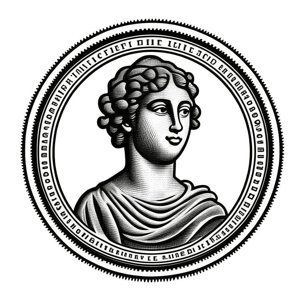 greek statue front face portrait logo, stamp.