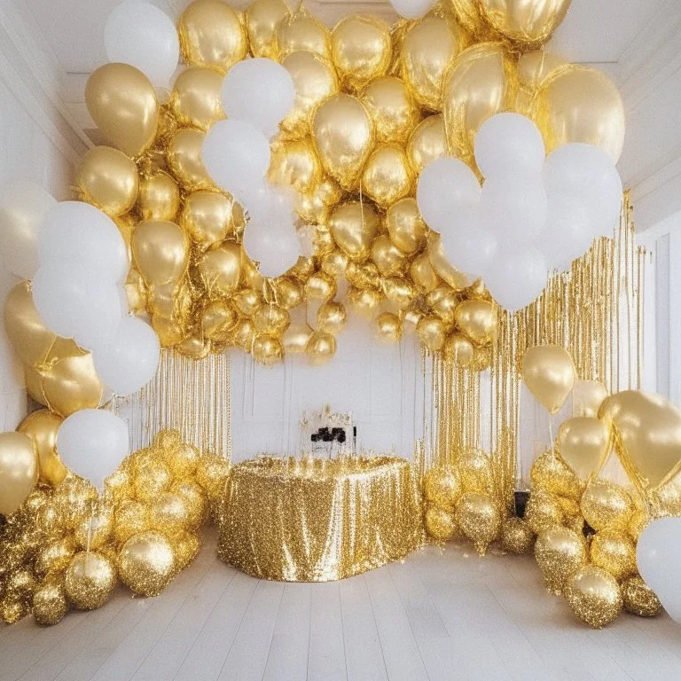 A picture of a room filled with gold party decoration. Include balloons, garlands, foil balloons