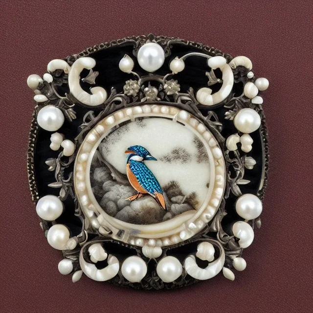 coaster of kingfisher ivory brooch with black pearl inlay, opalescent marble carving, decorative design, classical ornament, highly ornate, highly intricate, highly detailed etching, marble carving, warm lighting, linen backdrop