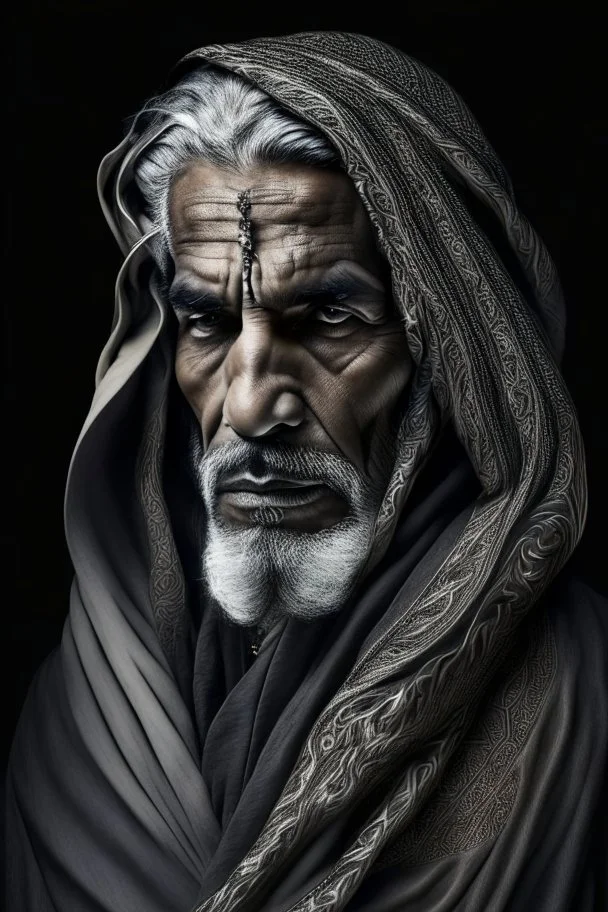 a photo of an Arabian man with ethnic jewelry, grey hair and grey flowing robe, in style of Annie Leibovitz, contemporary portrait of a mature yet beautiful and modernist man, black and grey, detailed masculine face, swirling fluid smokey enigma, award-winning artwork