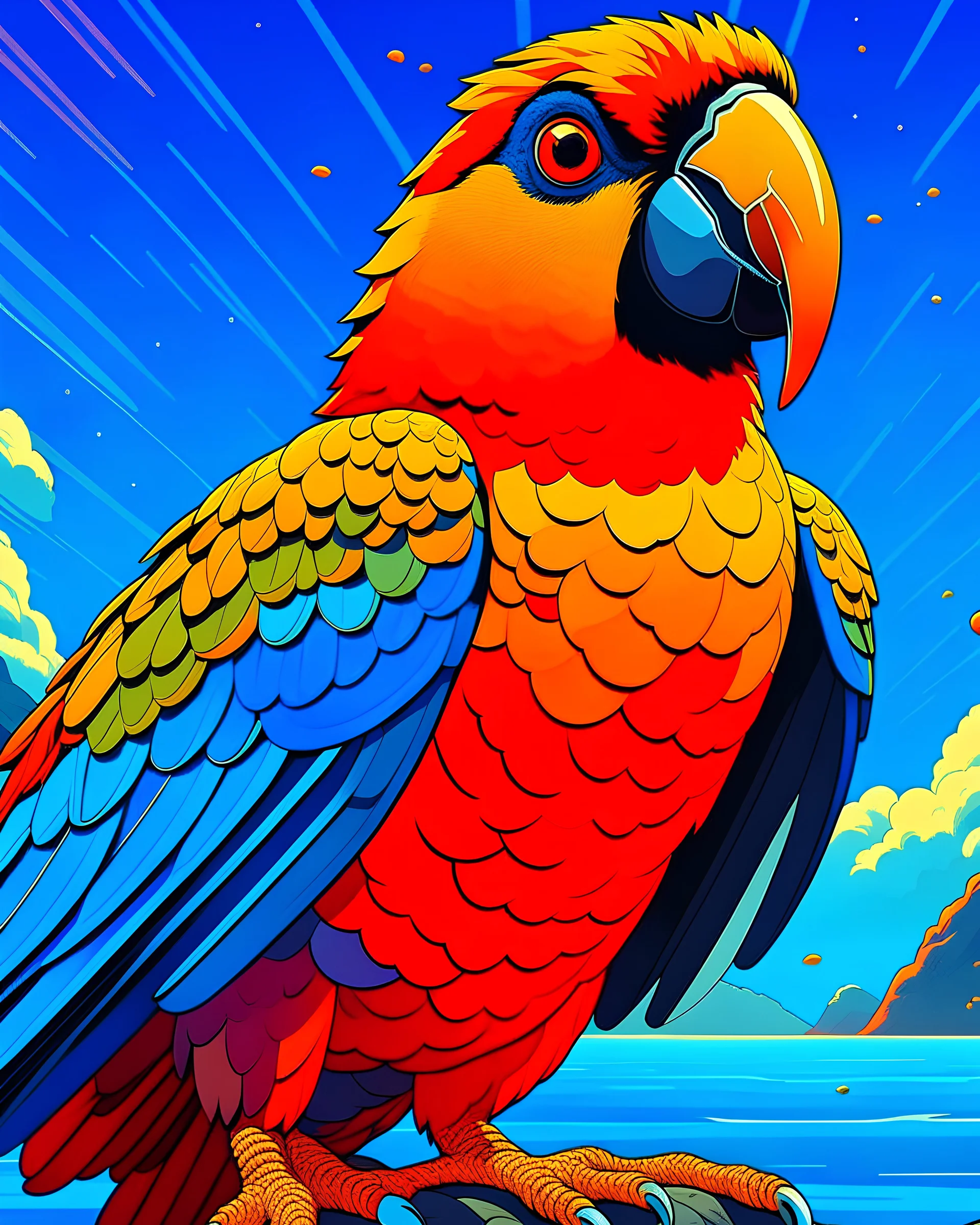 Generate an full body image of a parrot has a magma objects in the background and ocean objects in the background objects with an anime animal style.