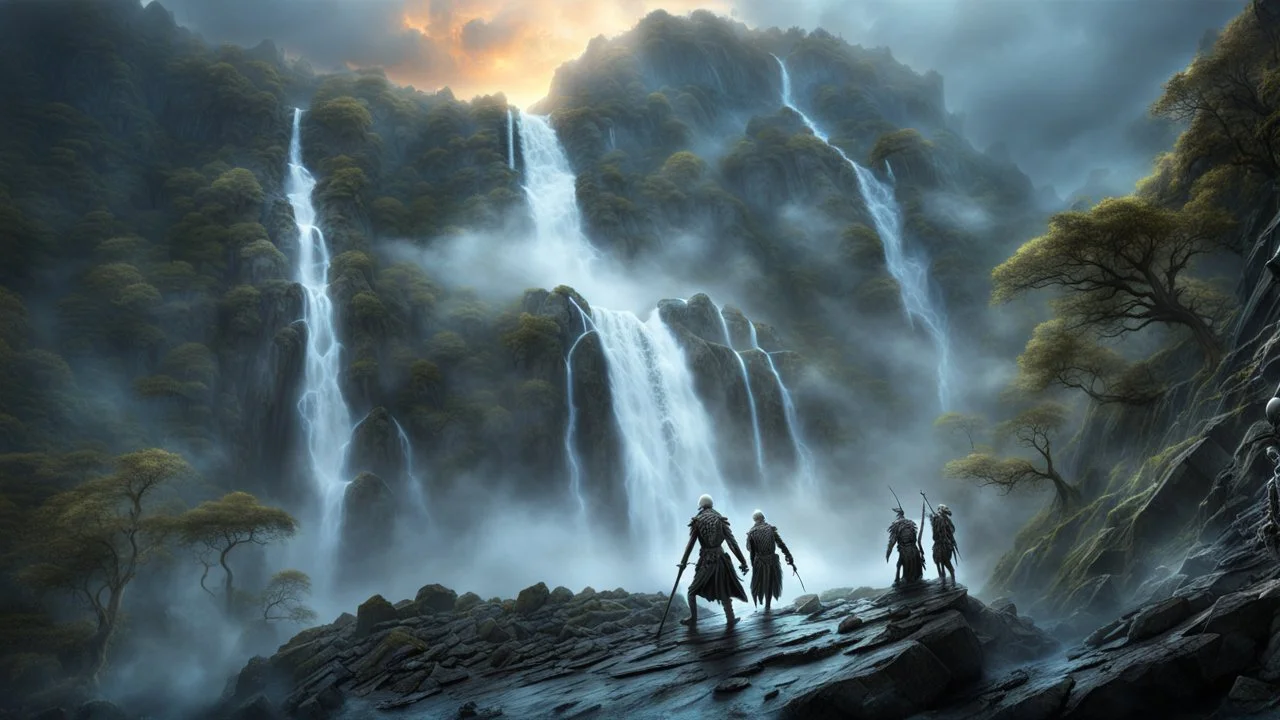 undead skeletons falling from the top of a 3.000 feet high waterfall. fantasy setting, horror. exquisite realism, a masterpiece, fantasy concept art, dynamic lighting, hyperdetailed, intricately detailed, deep color, Unreal Engine, volumetric lighting, Epic cinematic brilliant stunning intricate meticulously detailed dramatic atmospheric maximalist digital matte painting