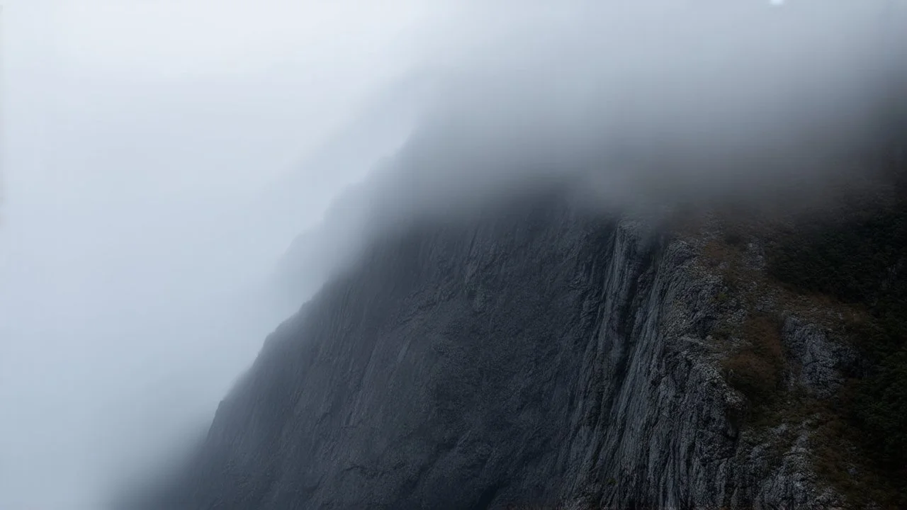 a scaling sheer mountain cliff obscured by clouds and fog. the the borders, top bottom, left and right are fog, while the center is sheer cliff.