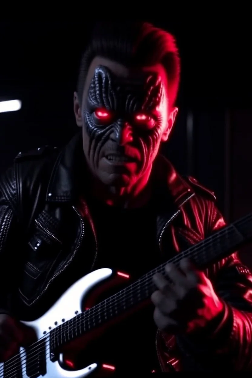 4K realistic portrait of a terminator playing guitar in the guitars of the AC guitarist