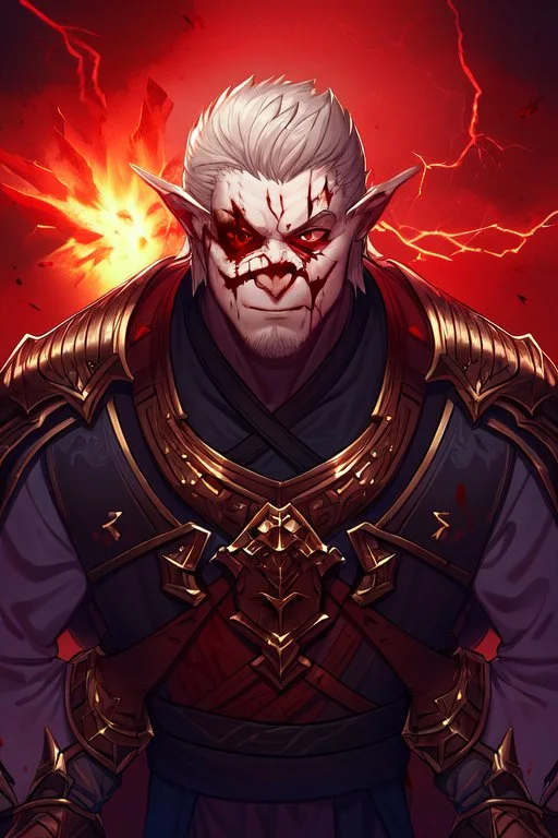 Armored Male Blood Knight Elf by manhwa or korean webtoon style there are lightning and blood spurts around the man, his face pointed at the camera, and with a serious look he lets his opponent know that it's his turn