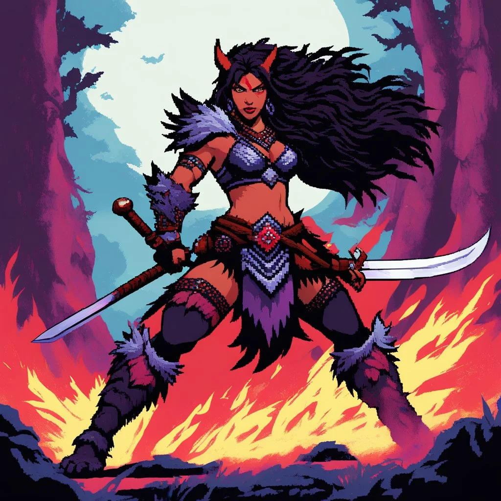 [psychedelic pixel illustration by Jannell Jaquays with Verve colour palette] Shaya Bloodfang, a fierce barbarian of the untamed wilds, charges into battle with unmatched ferocity. Armed with her blade and the instincts of a predator, she fights not just for survival but for vengeance. With a monstrous fiend on her trail, she faces her fate head-on, embodying the relentless spirit of the wild.