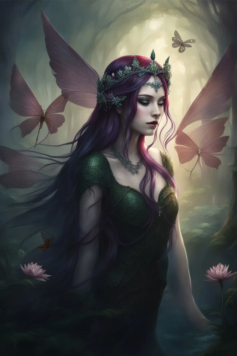 Red hair , dark red, dark Fairy wings Purple hair,water lilies,dark fairy ,ldark red hair princess,nymph,elven crown,dragonflies,tiara,,gothic,glitter,rapunzel hair, very long hair,green eyes