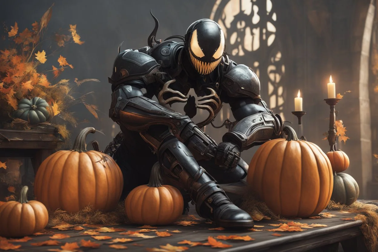 venom machine with pumpkin helmet in 8k nier automata artstyle, halloween them, pumpkin helmet, close picture, fantasy world, intricate details, highly detailed, high details, detailed portrait, masterpiece,ultra detailed, ultra quality