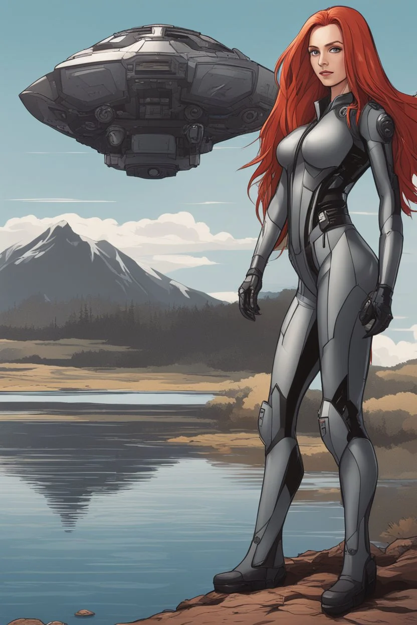 Wide-angle, full body and headshot of a skinny young woman, with long straight red hair, dressed in a robotic-looking catsuit, standing next to a lake with a crashed spaceship.