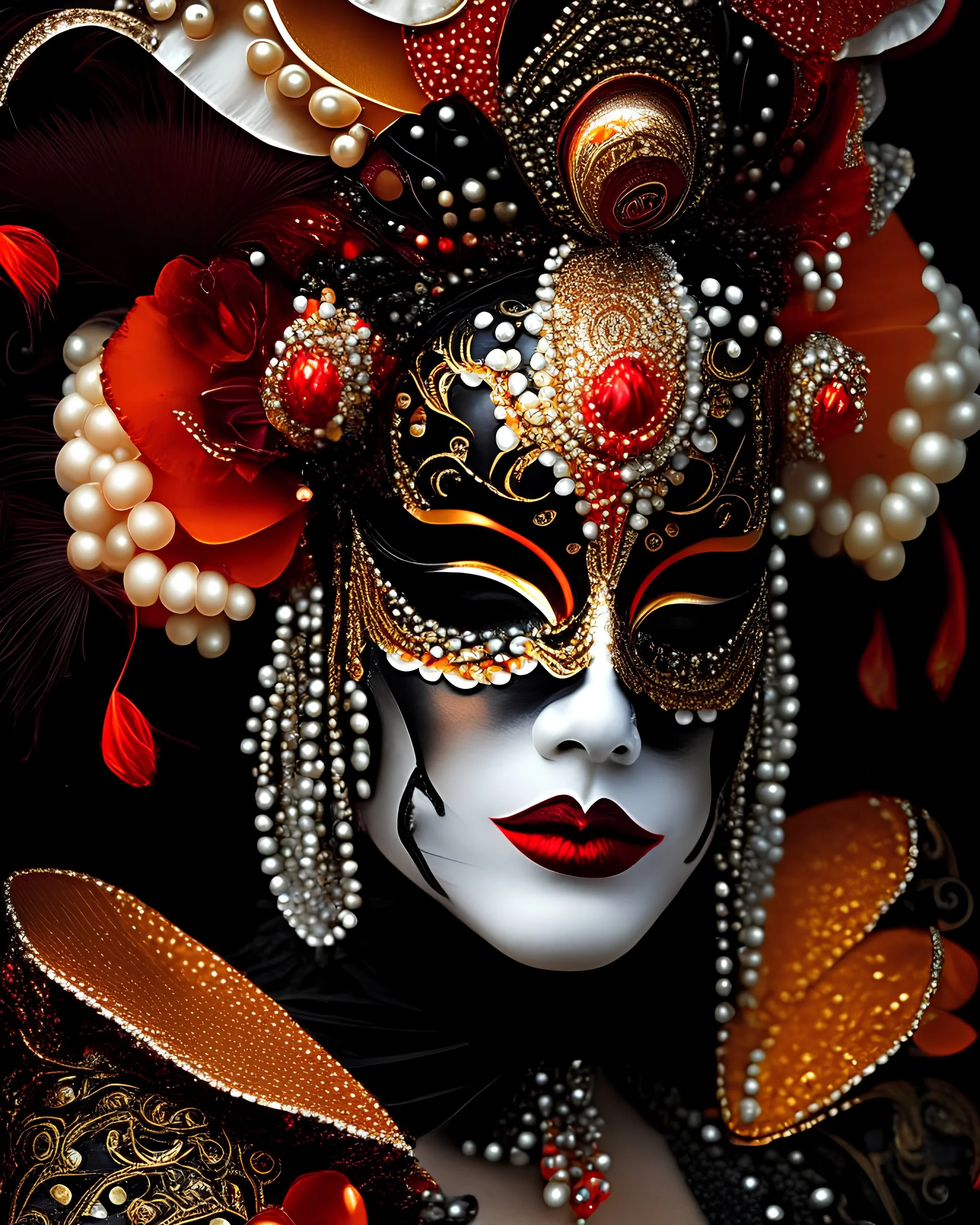 Beautiful venetian carnival wite ad black bioluminescense and orange and ginger red colour gradien style woman adorned with pearl art, mollusk shell headress with mollusk shell and water lily black irridescent flower wearing pearl art style mollusk shell ribbed costume metallic filigree venetian carnival style Golden dust make up, glitter covered masque and costume organic bio spinal ribbed detail of mollusk pearl art shell background extremely detailed hyperrealistic maximalist portrait