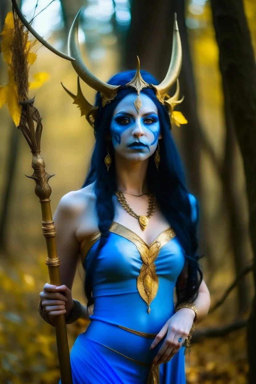 A picture of a beautiful blue faced Indian goddess with skin painted blue, blue body, blue torso, wild black hair, stag antlers, elven ears, golden skirt, holding a staff in a sunny forrest