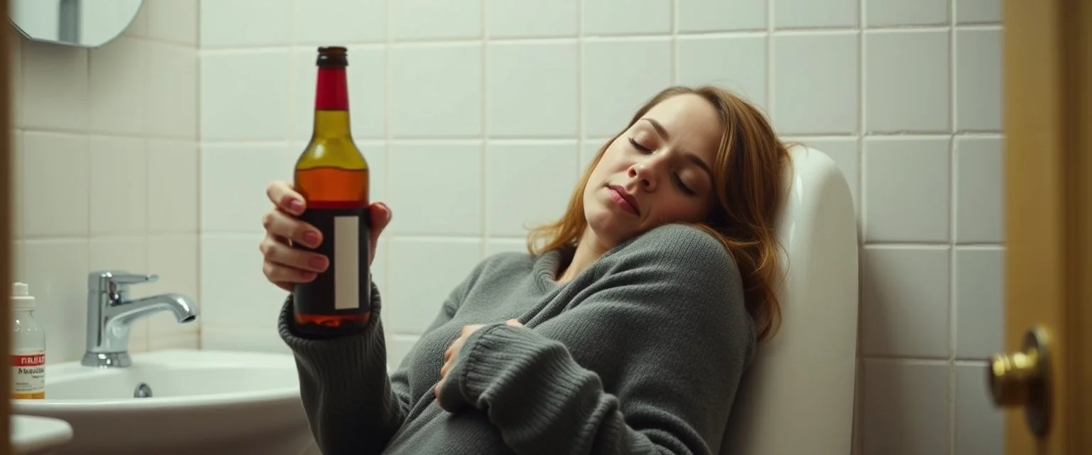 drunk woman with a hot dog in bread sleeping over in bathroom