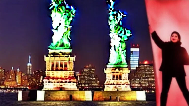 A Tesla's 'Model S Plaid' is performing donuts, under the Statue of Liberty, in New York city. CINEMATIC. WIDE ANGLE LENS.