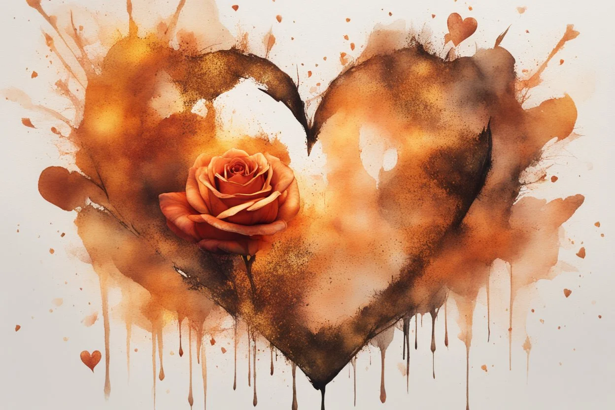 double exposure, merged layers, roses with dynamically blazing fire in ochre, ink splatter art, watercolor and ink, golden glitters, double exposure heart and love