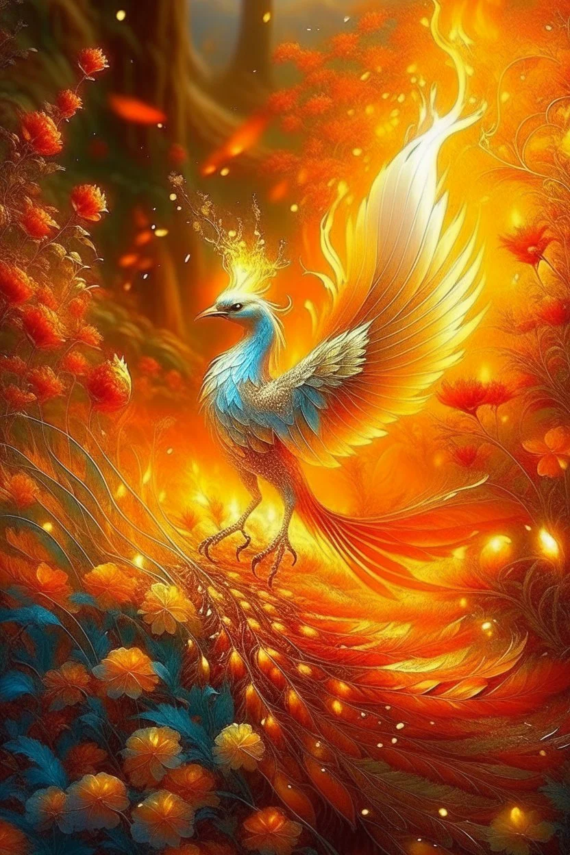 a firebird, fiery feathers that shine with silver and gold and burn with fire, a long sparkling tail burns with fire, wings like tongues of flame, eyes glow like crystals, an unusual fiery light reflects its belonging to another non-human world, in a faraway kingdom in a beautiful garden, rejuvenating apples grow in the garden, realism, light, highlights