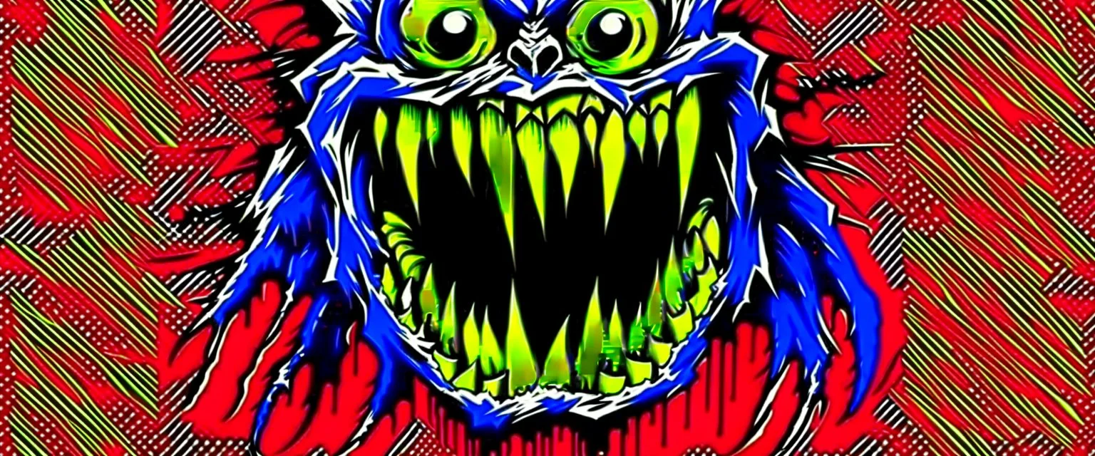 monster more angry and more 90s style, angry fast, extreme, wild, so so angry, red and purple background with 90s style slashes, 45 degree angle, ferce,