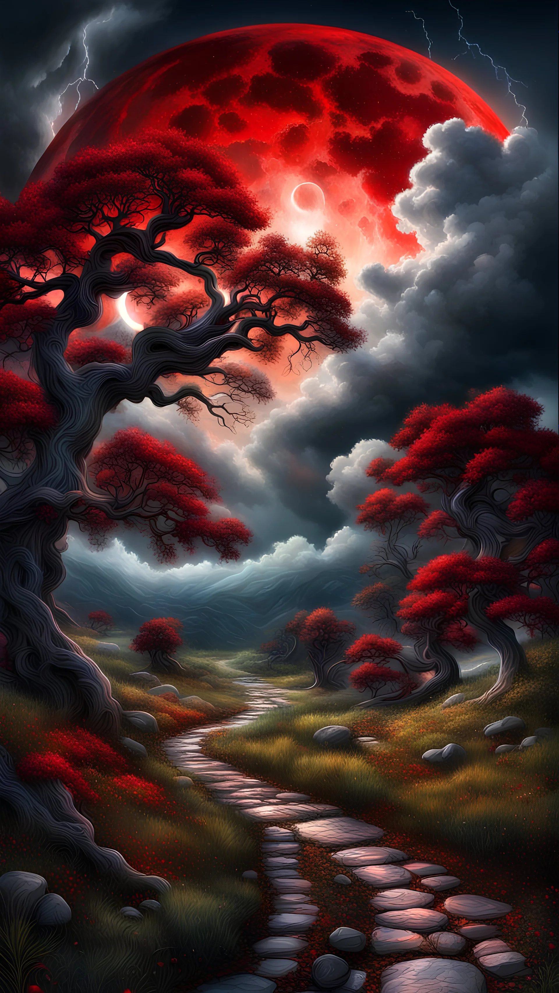 Epic Films: Breathtaking Intricate Crazy Details, Paintings, Dramatic Storm Clouds and Red Moonlight on Aesthetically Extraordinary Old White Oaks, Rivers, Winding Paths, Remote Villages and Mountains, Beautiful, Highly Detailed, Award-Award-Awarded, Complex, Beautiful, Colorful, Cosmic, Ultra-detailed, Surreal, Masterpiece, Polished, Crisp Quality, Digital Painting, HDR