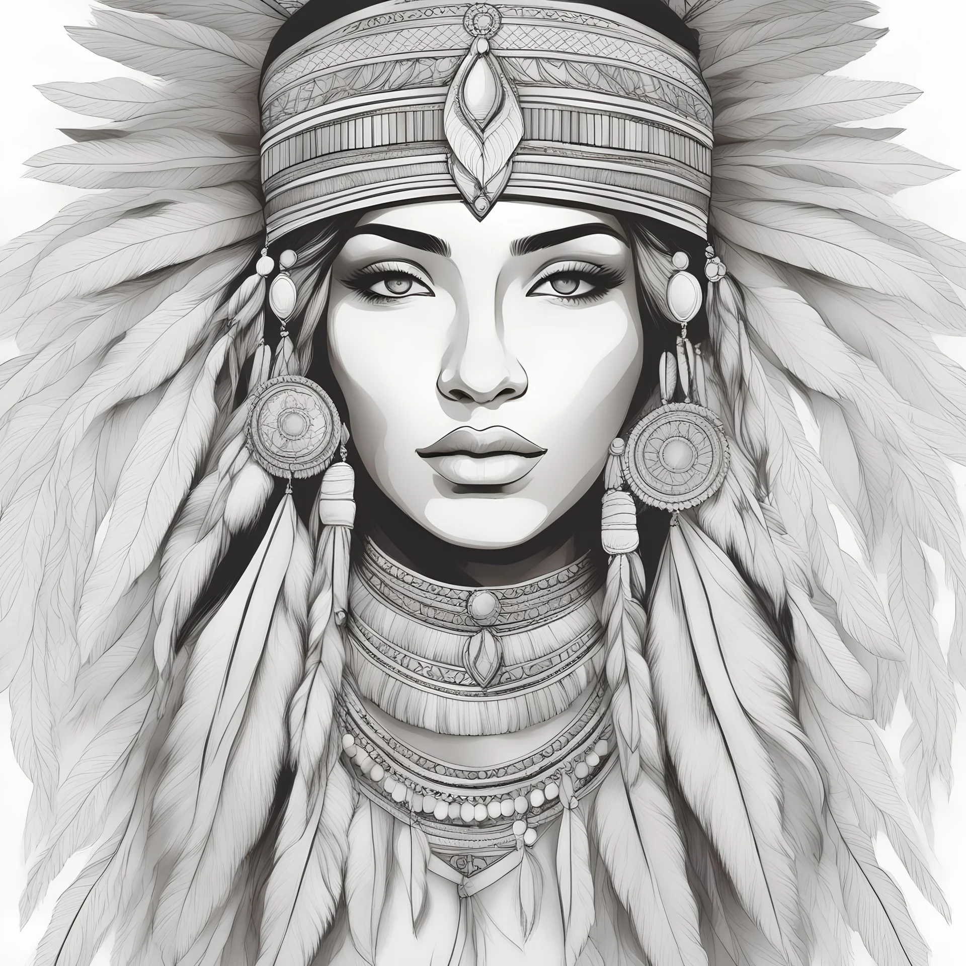 Pages with a beautiful native american woman's face, white background, Sketch style, only use an outline, Mandala style, clean line art, color background, no shadows, and clear and well outlined