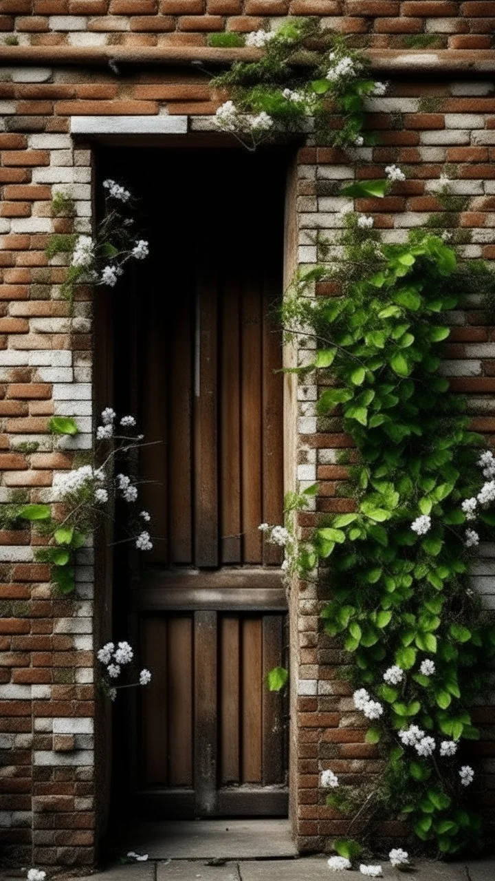 critical point abstract an old door in a wall of bricks and hanging on it branches of leaves and branches with white jasmine flowers