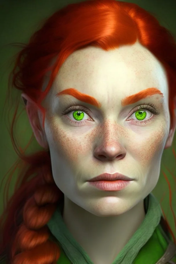 portrait of a dwarf lady, light green eyes, red hair, pronounced cheekbones and slightly square jaw