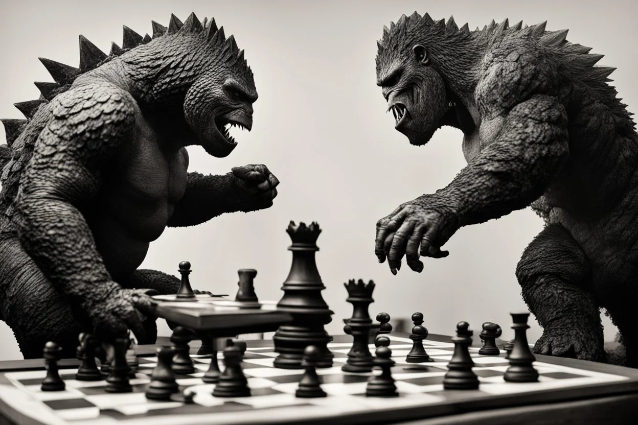 a Godzilla and king kong playing a game of chess