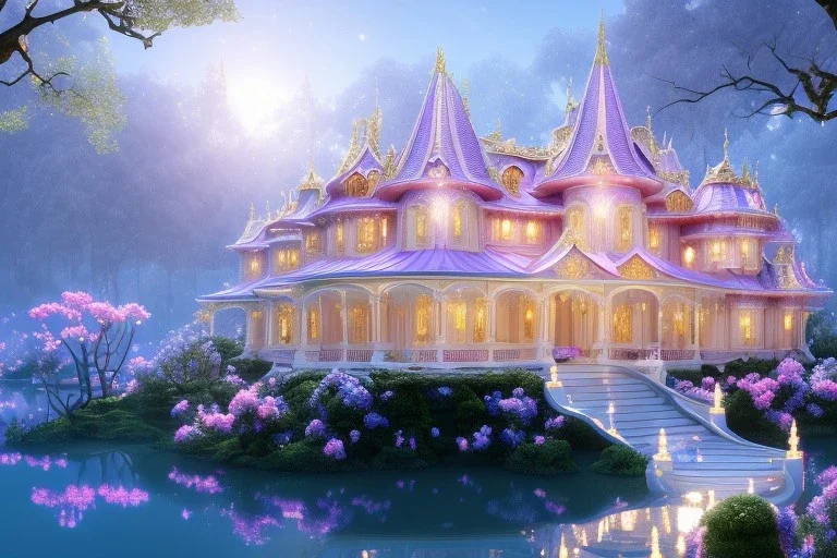 a magical crystal flower magnolias pink gold house palace in the woods, magnolias pink,blue lake,sun,white swanns,pink vertical, blue lake,sharp, vines, candlelit, endor, ornate, elegant, highly detailed, artstation, concept art, smooth, sharp focus, illustration, 8k, splash art, wallpaper, key visual