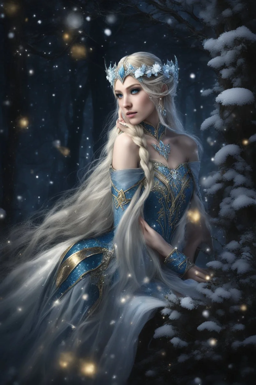 Elven princess,elven crown,long blonde golden hair,rapunzel hair,ice flowers,beautiful,light blue,dark blue,golden armor,sparkle,glitter,ice flowers,snow,elven ears,dark fairy princess