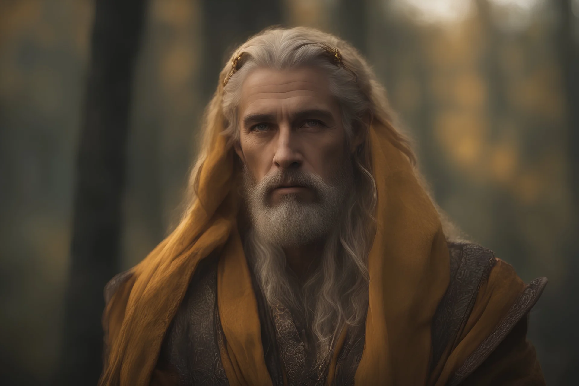 Photoreal beardless elf tall rugged and sturdy golden-eyed elf poet historian with golden eyes and long silver hair but beardless and golden eyes in colorful robes deep in Cormanthor forest in Faerun in the autumn mist at golden hour by lee jeffries, otherworldly creature, in the style of fantasy movies, shot on Hasselblad h6d-400c, zeiss prime lens, bokeh like f/0.8, tilt-shift lens, 8k, high detail, smooth render, unreal engine 5, cinema 4d, HDR, dust effect, vivid colors