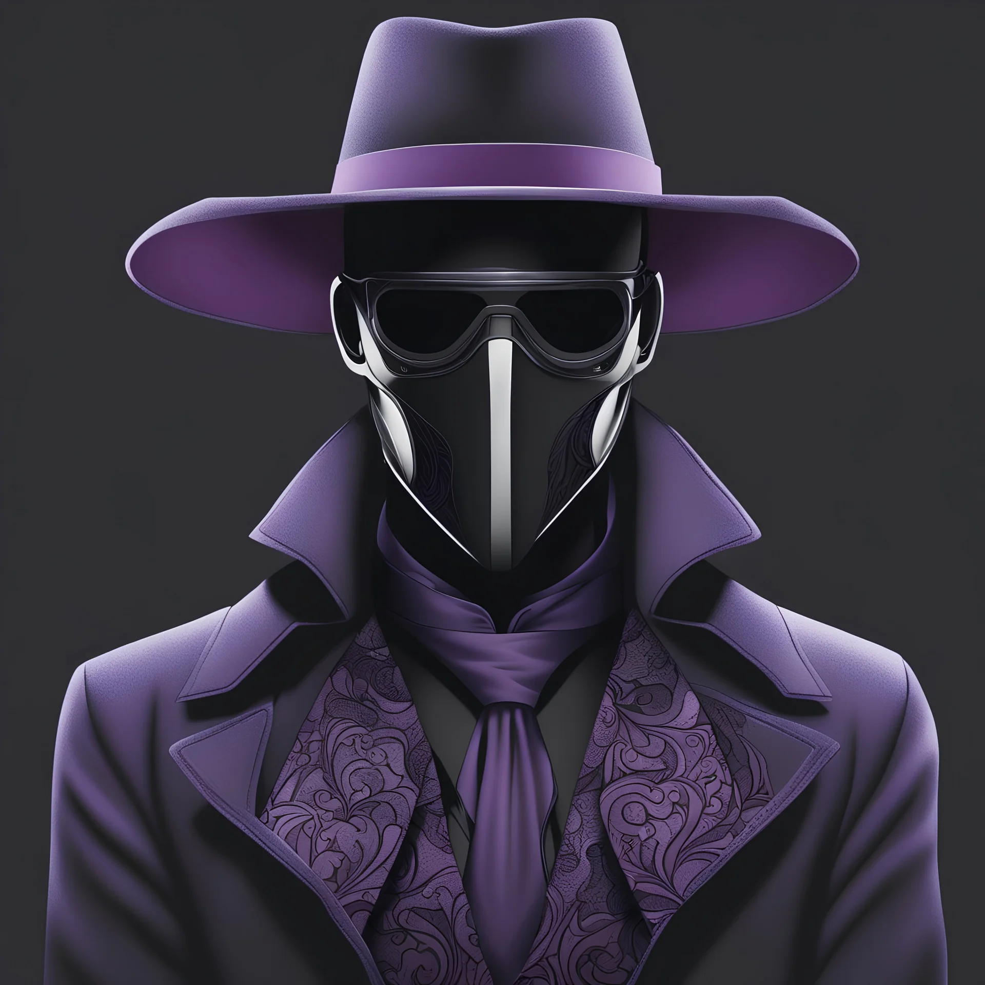 warlock, black hat, black mask with ash purple patterns, black trench coat with ash purple patterns, dark, ominous, ash purple, grey background, profile picture, simplistic design
