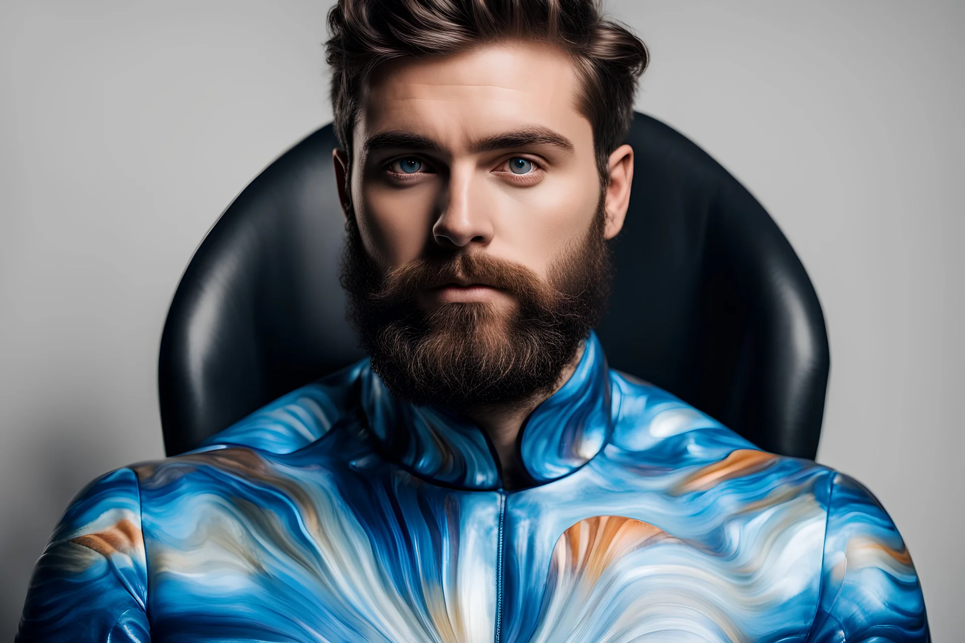 A handsome bearded guy with Shell plastica design suit on a shellchair in studio, detail Paint face