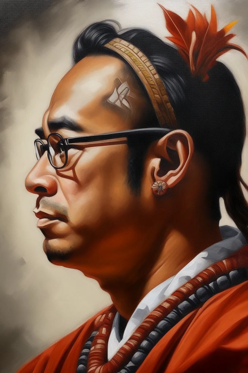 Painting portrait of samoan king young and with glasses, side profile