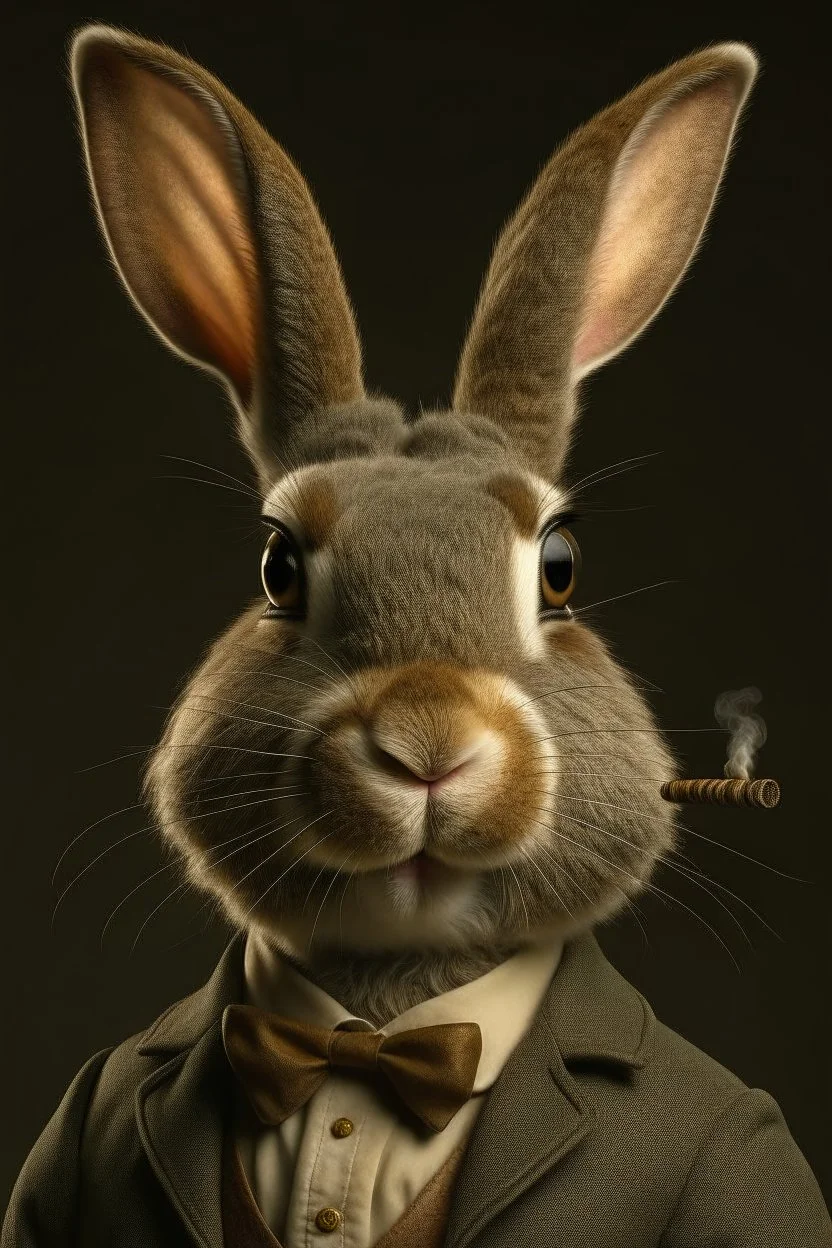 Portrait of a humanoid rabbit with a cigar in his mouth