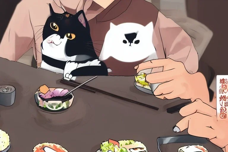 A cat wearing clothes is sitting at a table eating sushi. Manga style. Perfect iris. Paws. Mug with cat face