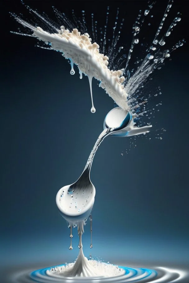 in focus, a jet of water flows into a spoon and splashes everywhere