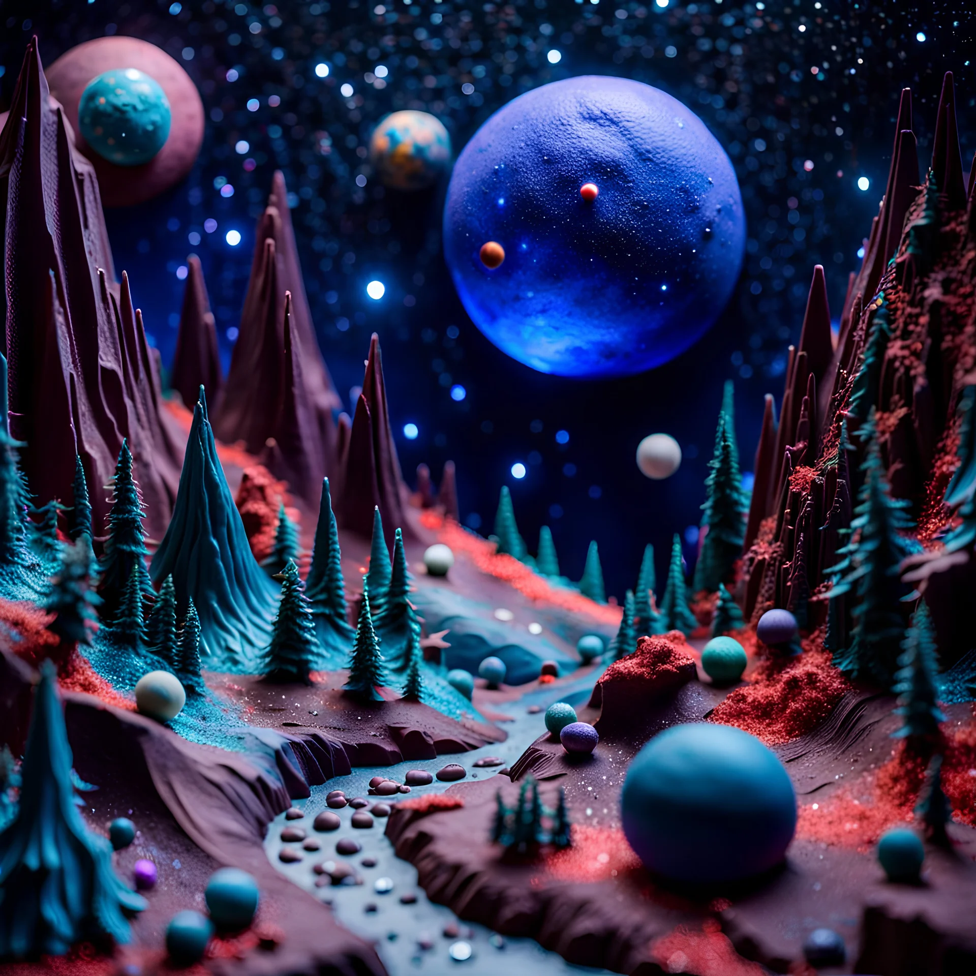 Detailed creepy landscape made of modeling clay, stars and planets, Roger Dean, Tim Burton, strong texture, Ernst Haekel, extreme detail, Max Ernst, decal, rich moody colors, sparkles, bokeh, odd